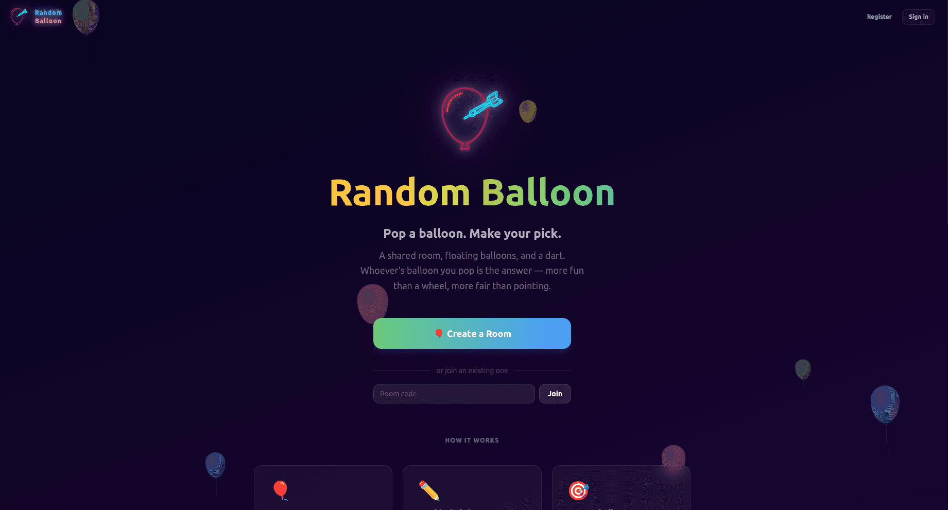 The Random Balloon homepage on desktop, with floating balloons behind the title